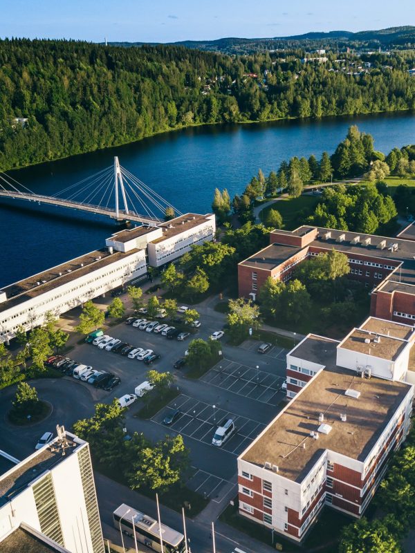 Aerial view of Campus area with Ylistö bridge over lake river to in Jyväskylä, Finland.